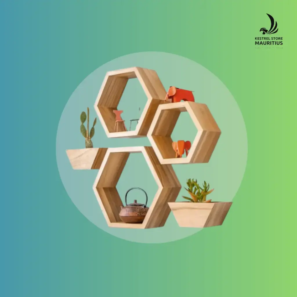 Modern Hexagon Wall Décor – Floating Shelf Set (3 pcs + 2 Flower Pots)