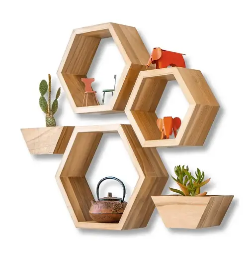 Modern Hexagon Wall Décor – Floating Shelf Set (3 pcs + 2 Flower Pots)